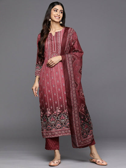 Women Kurta Set - Indian Diwali Maroon Floral Kurta with Trousers & With Dupatta