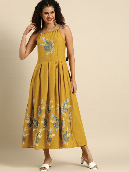 Women Dress -Mustard Yellow & Blue Ethnic Motifs Printed Pure Cotton Midi Dress