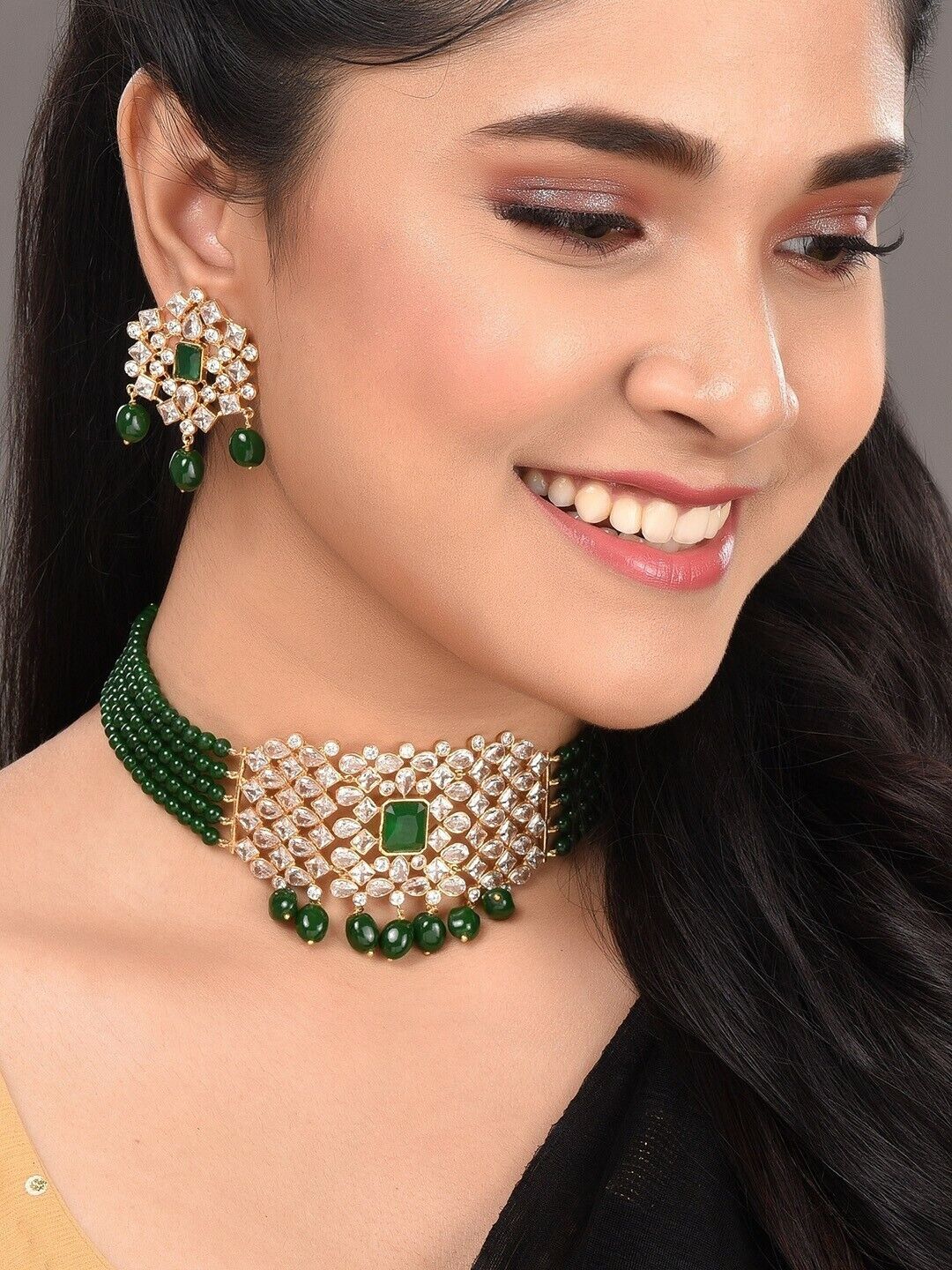 Gold-Plated White & Green American Diamond Studded Choker Indian Jewellery Set