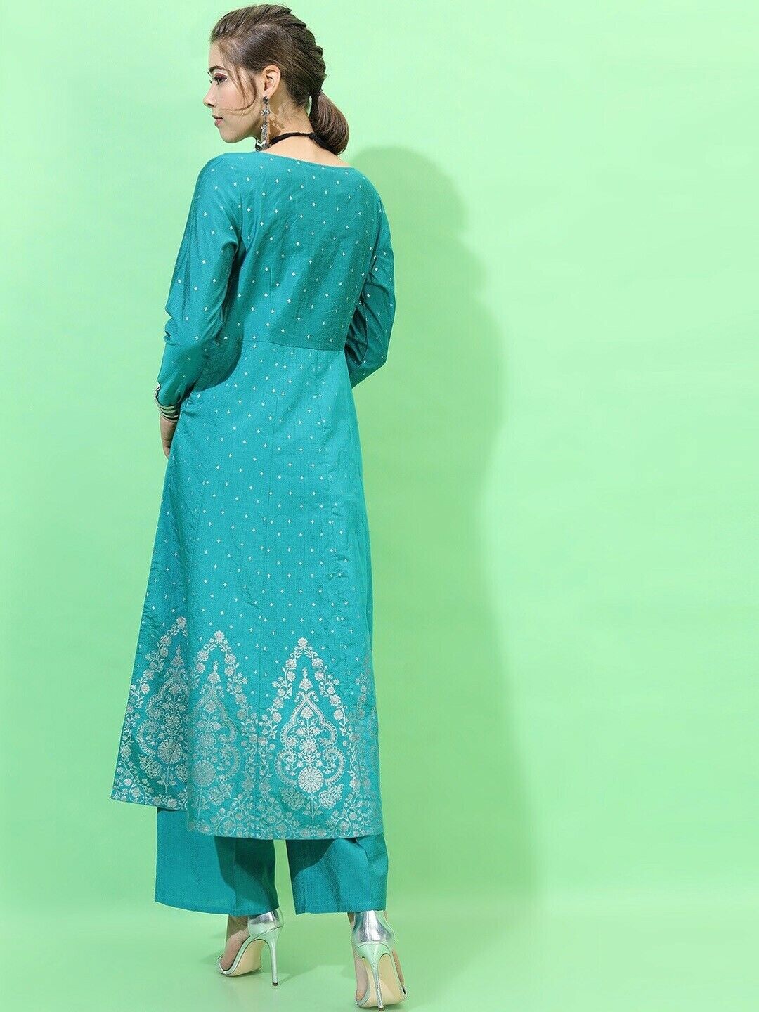 Women Kurta Set -Indian Traditional Diwali Teal High Slit Kurti with Trousers