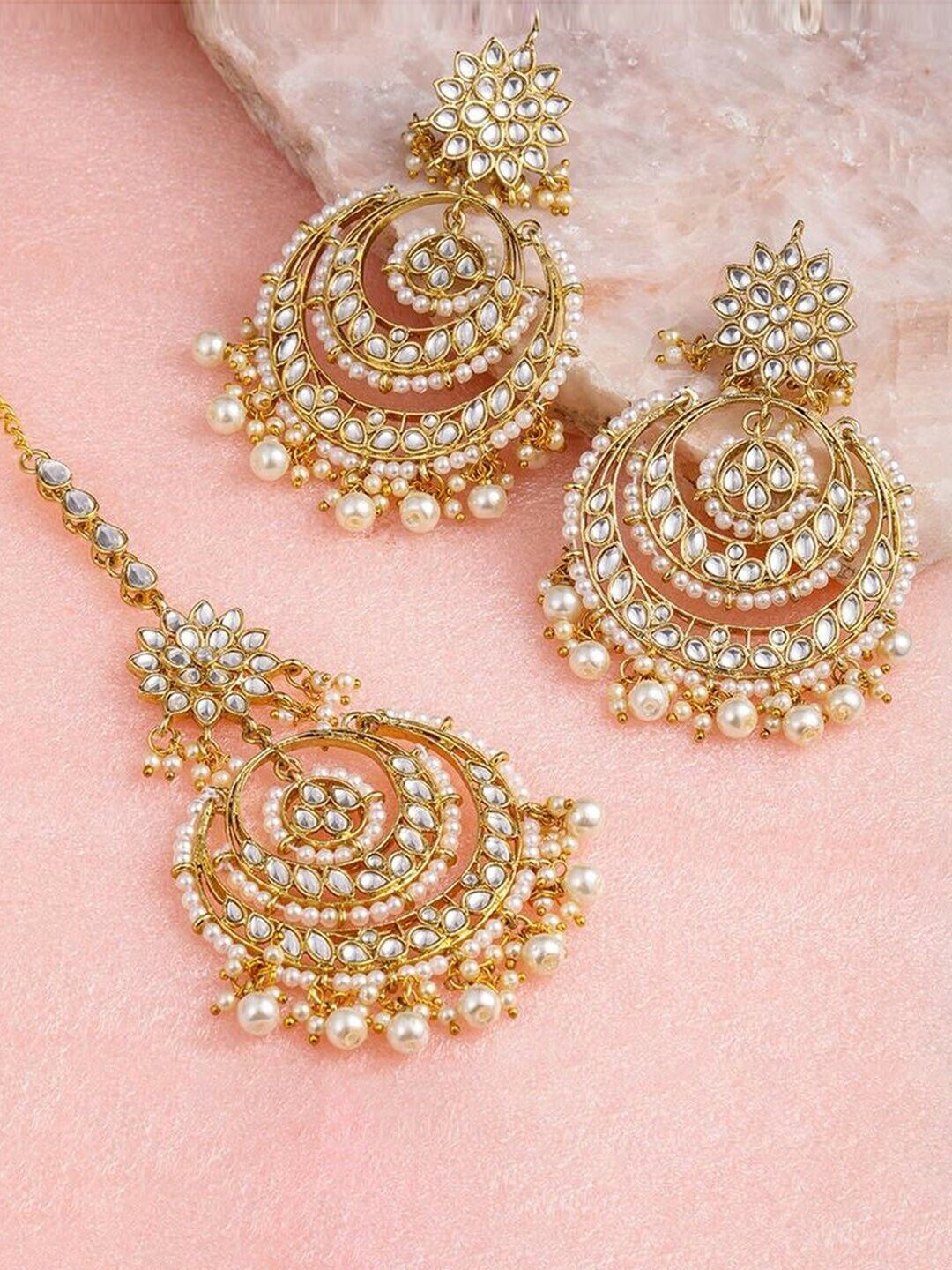 18K Gold-Plated & White Pearl Jewelry Bollywood Indian Maang Tikka Earring Set