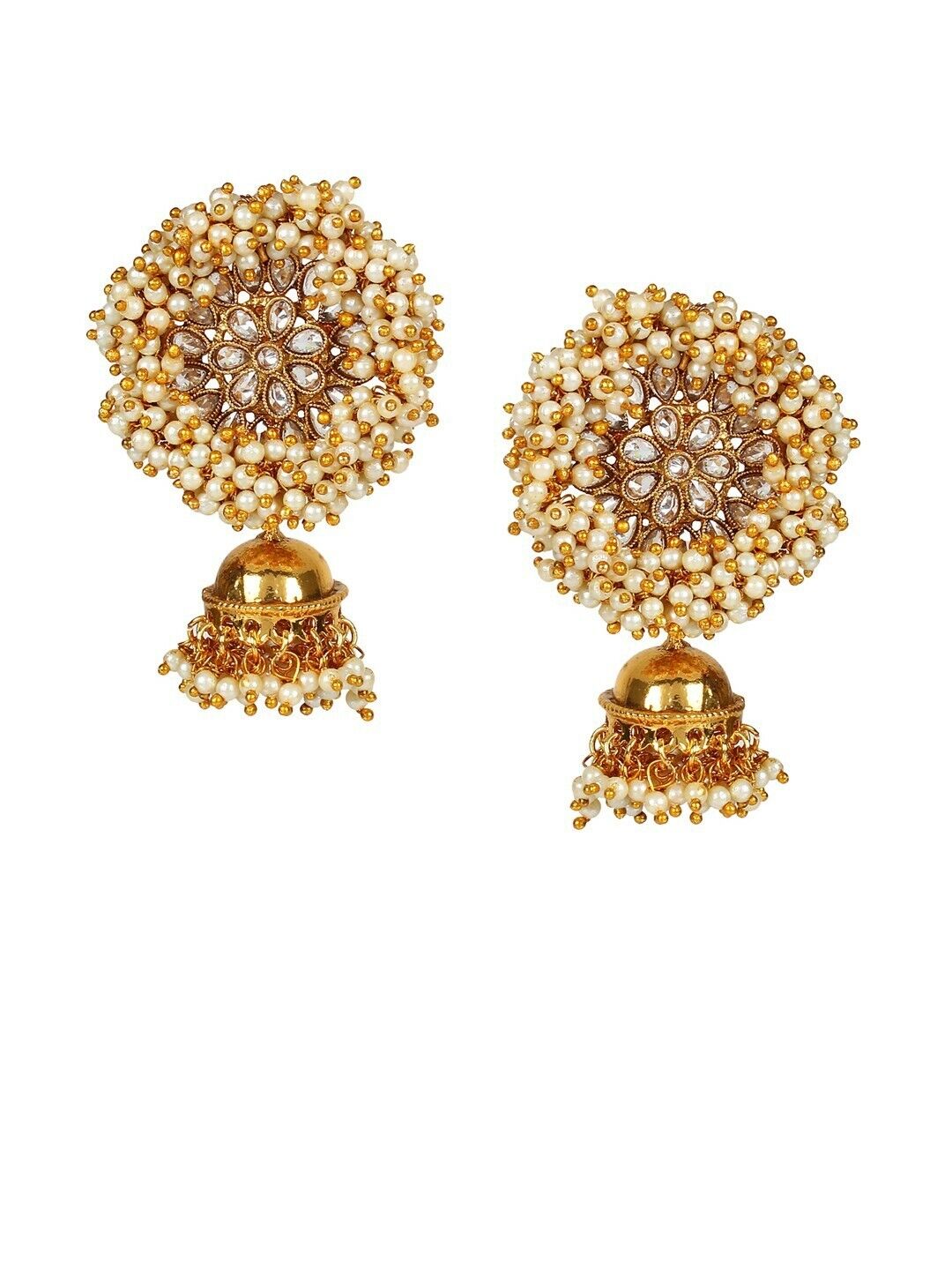 Indian Jewelry Gold-Plated & White Classic Bollywood Style Earrings Jhumkas