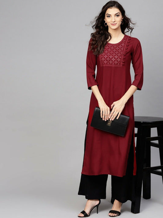 Women Kurta - Maroon Yoke Design Straight Bollywood Bridal Indian Kurta Dress