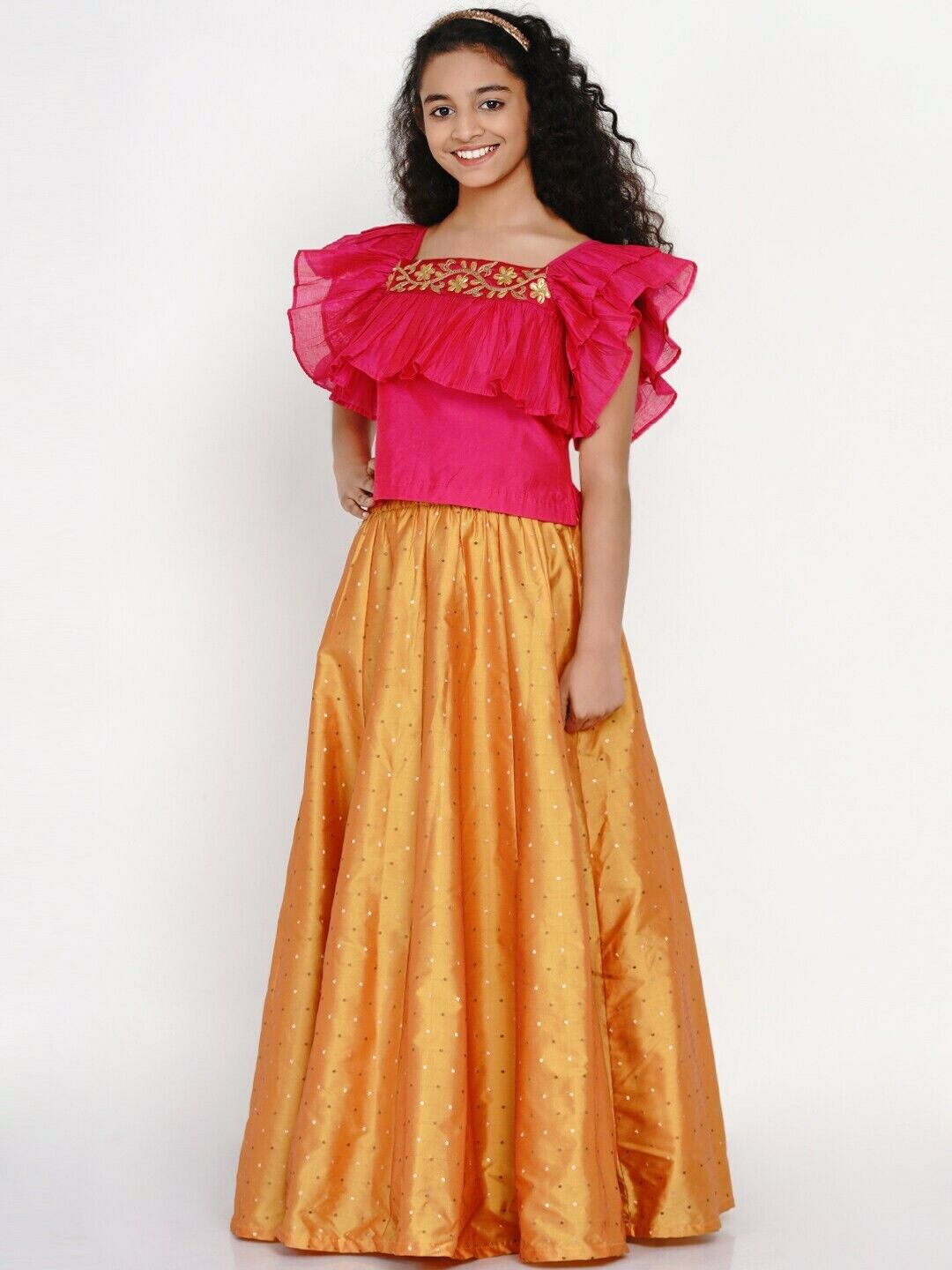 Girls Lehenga - Girls Pink & Orange Thread Work Ready to Wear Lehenga & Blouse