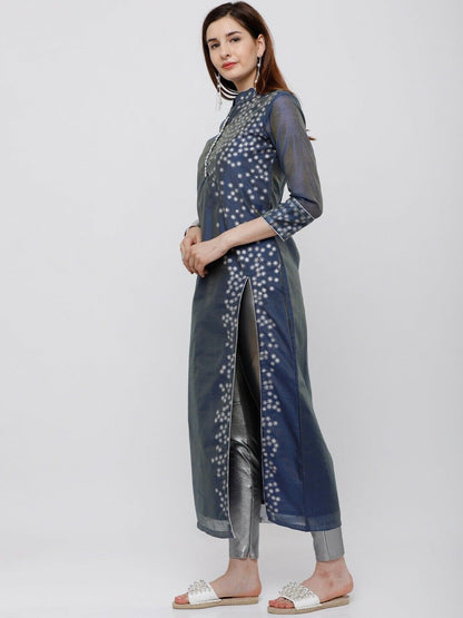 Women Kurta - Blue & Silver-Toned Printed Straight Pakistani Indian Kurta