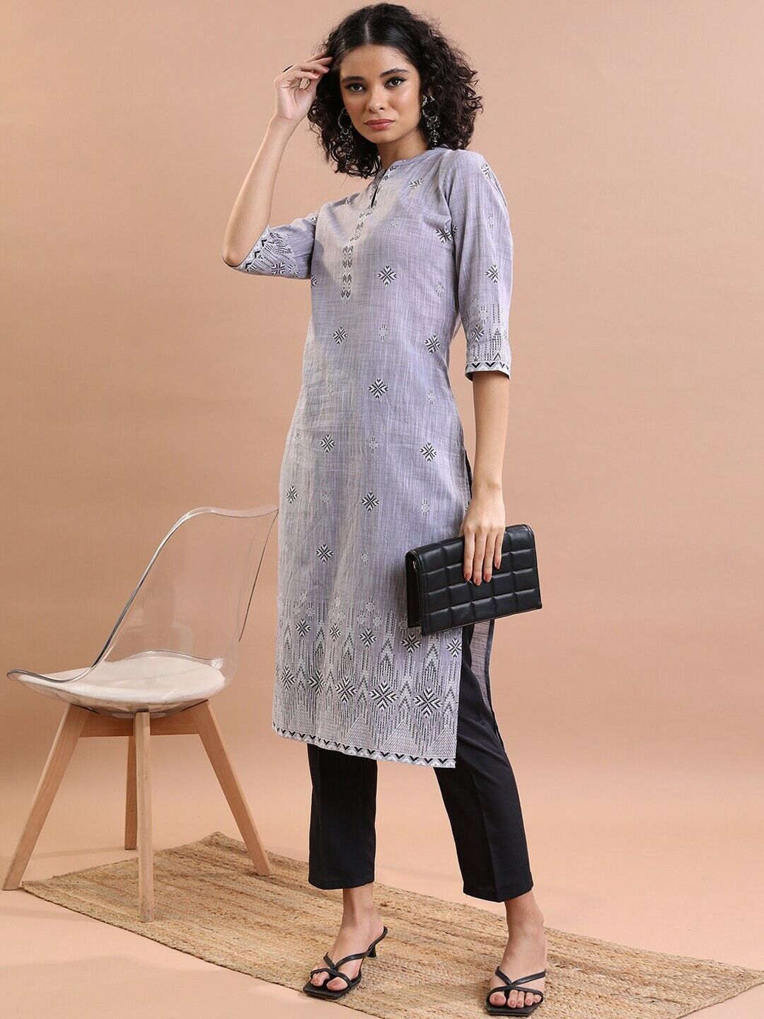 Women Kurta - Bollywood Grey Ethnic Motif Printed Pure Cotton Straight Kurta