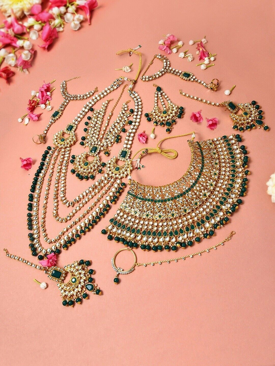 Gold-Plated Green & White Kundan-Studded & Beaded Bollywood Bridal Jewellery Set