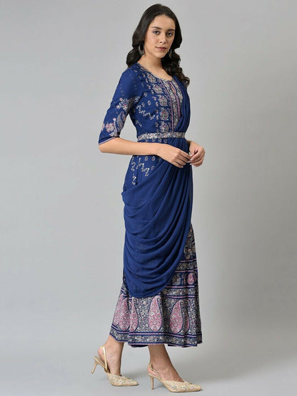 Women Dress - Bollywood India Blue & Silver-Tone Ethnic Motifs Ethnic Maxi Dress