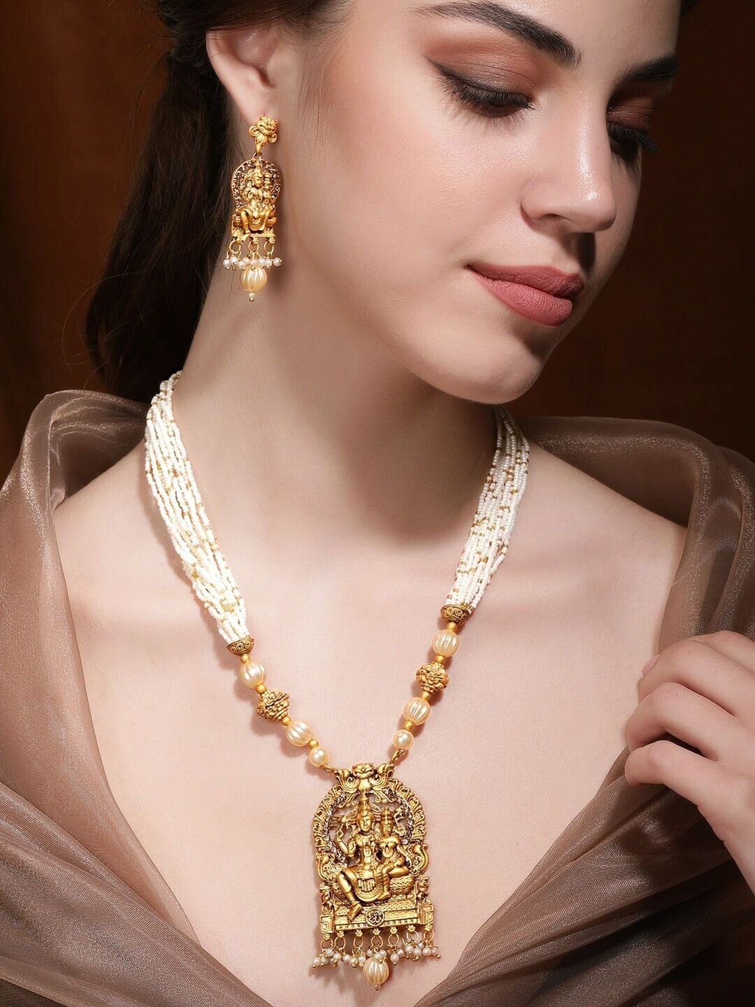 Indian Wedding Bridal Bollywood Jewelry Gold-Plated Beaded Temple Jewellery Set