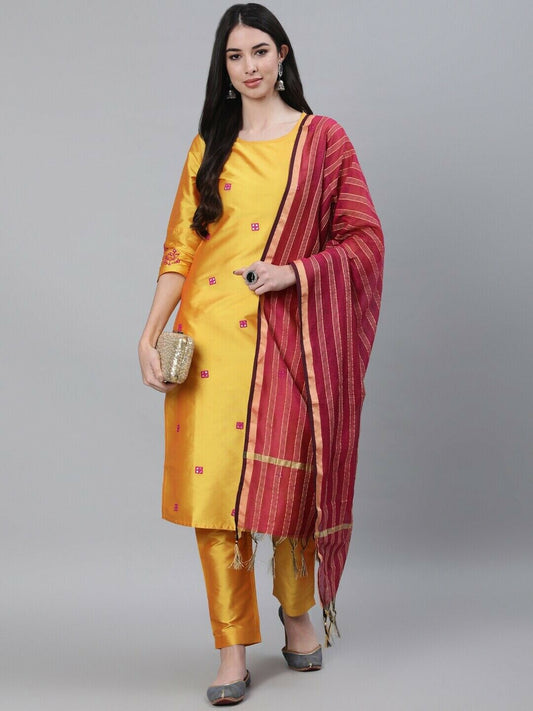 Women Kurta Set - Women Yellow Mirror Work Kurta with Trousers & With Dupatta