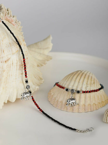 Indian Bollywood Silver-Plated Black & Red Beaded Elephant Traditional Anklets