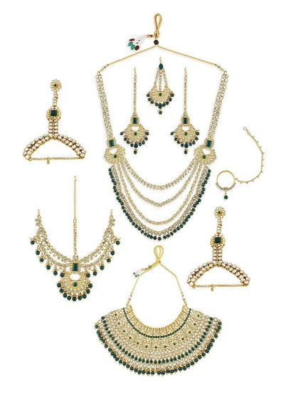 Gold-Plated Green & White Kundan-Studded & Beaded Bollywood Bridal Jewellery Set