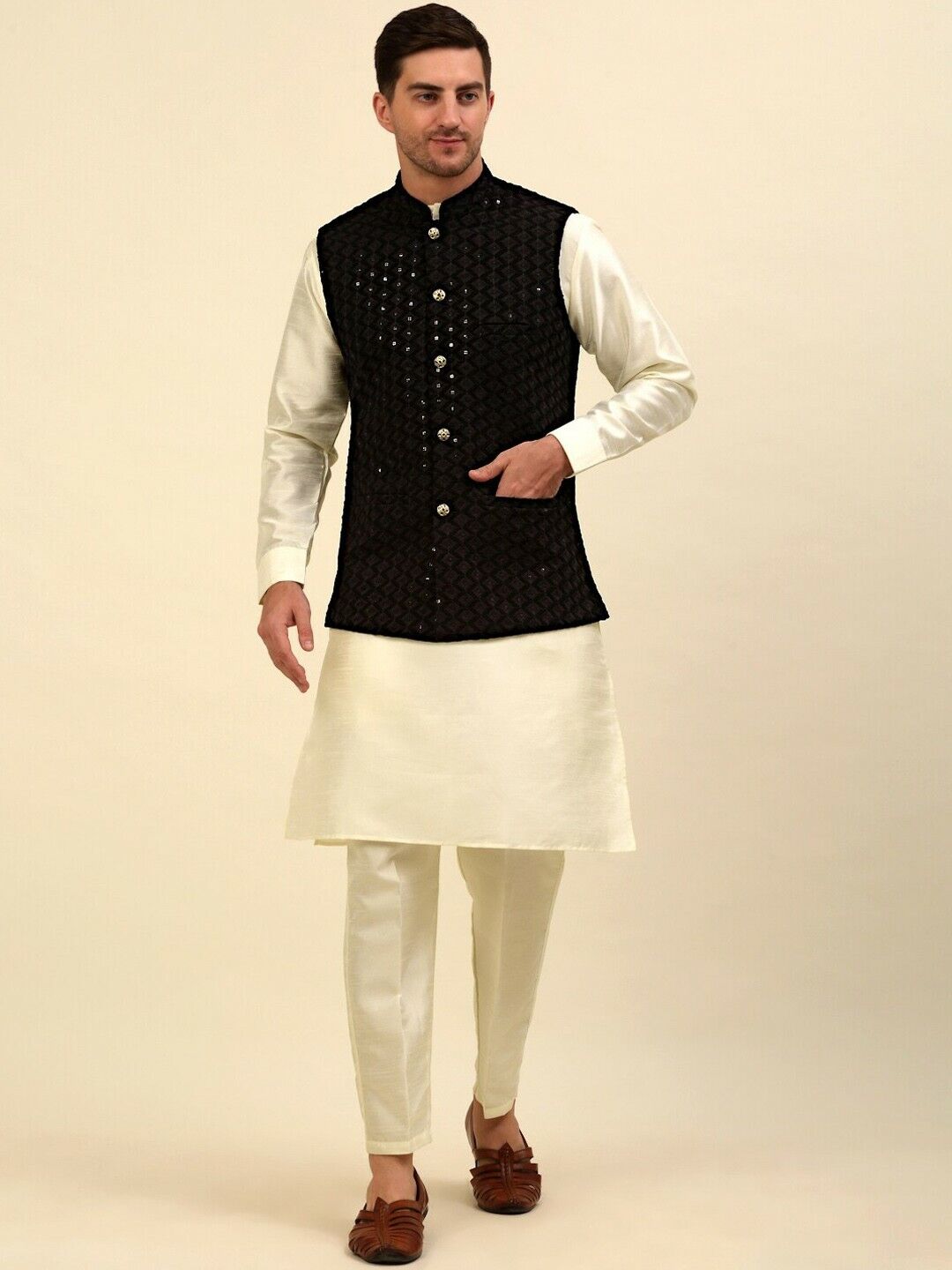 Men Jacket - Black Embroidered Sequined Diwali Indian Wedding Nehru Jacket