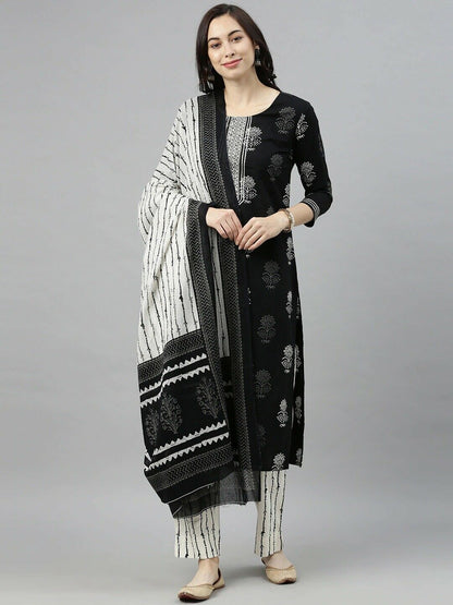 Women Kurta Set - Indian Diwali Black & White Printed Kurta Trousers & Dupatta