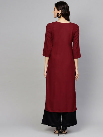 Women Kurta - Maroon Yoke Design Straight Bollywood Bridal Indian Kurta Dress