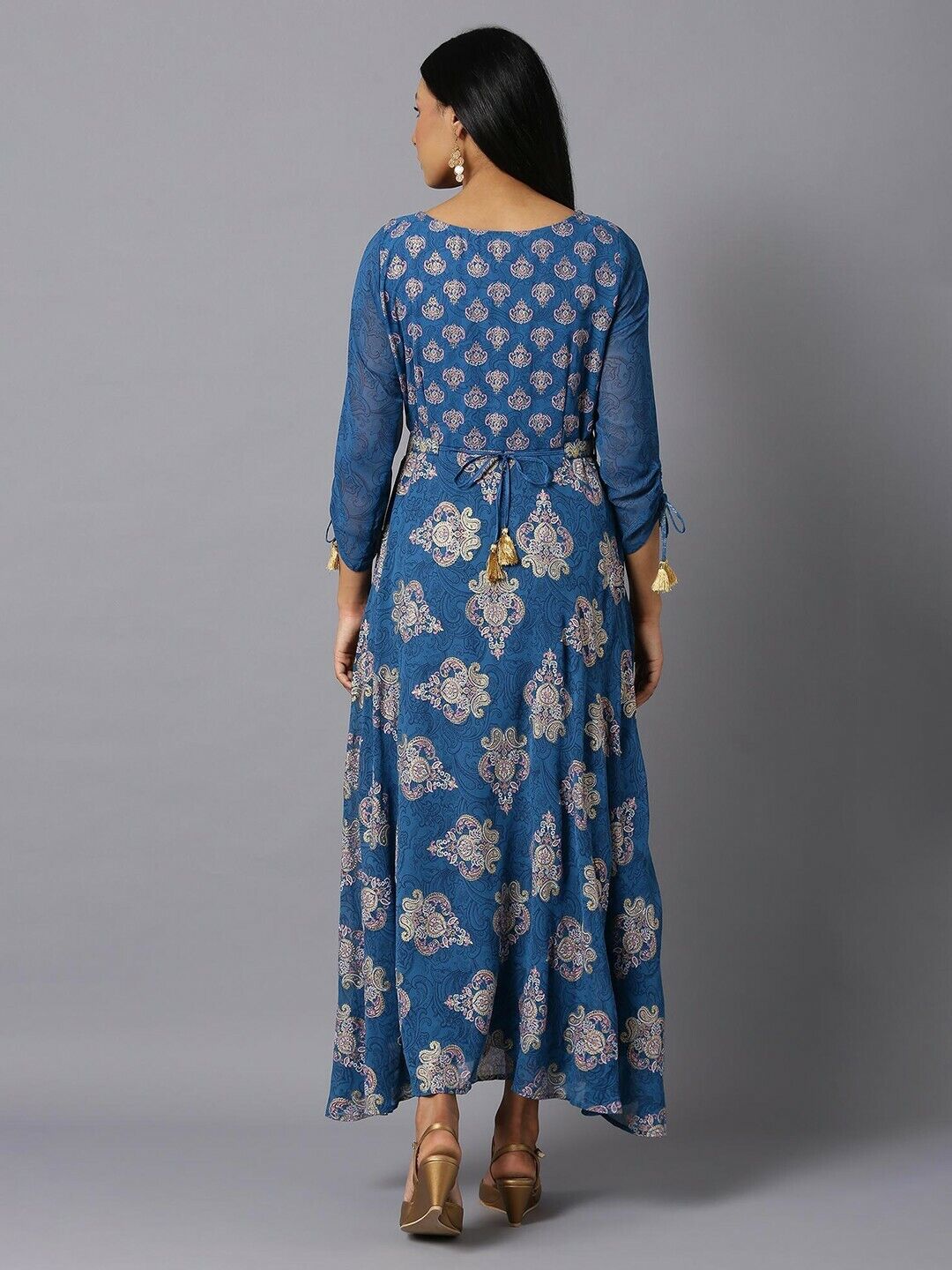 Women Dress - Blue Ethnic Motifs Maxi Bollywood Eid Diwali Bridal Wedding Dress