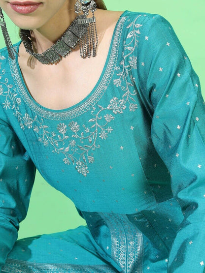 Women Kurta Set -Indian Traditional Diwali Teal High Slit Kurti with Trousers