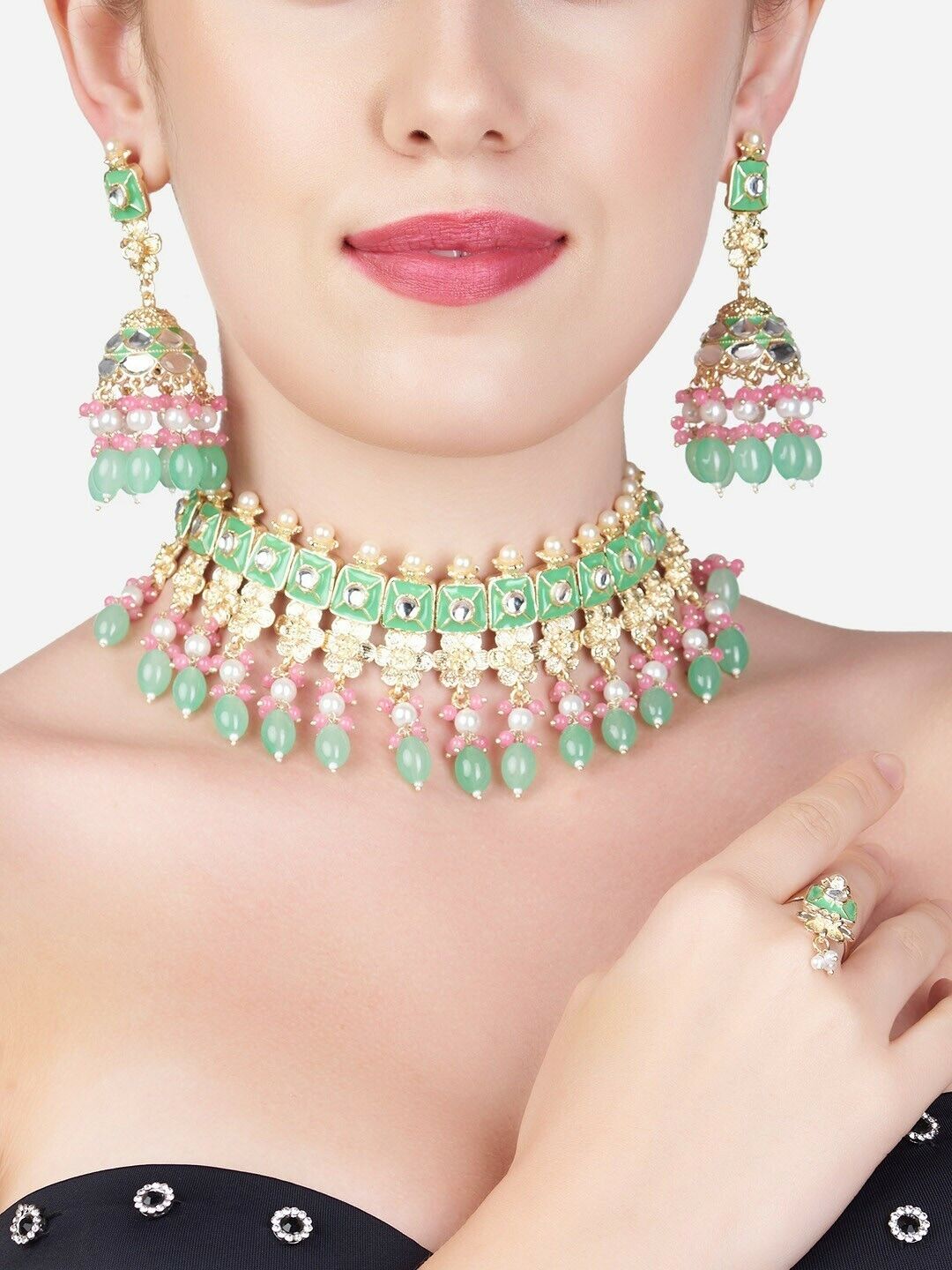 Women Pink & Green Jewellery Set