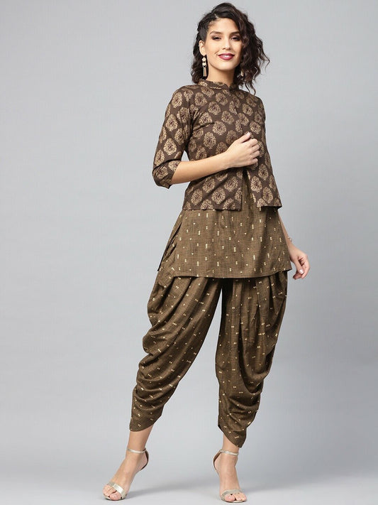 Women Kurta Set - Olive Brown & Golden Printed Kurti with Dhoti Pants & Jacket