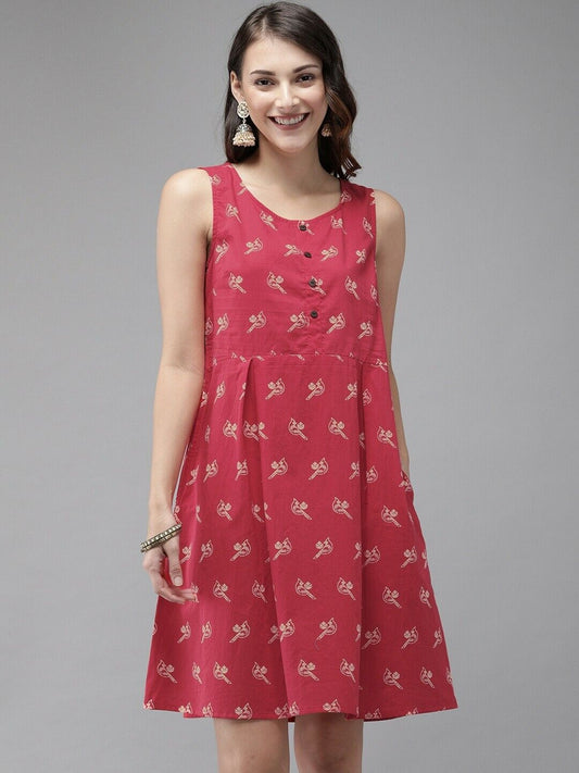 Women Dress - Red Printed A-Line Bollywood Indian Diwali Dress