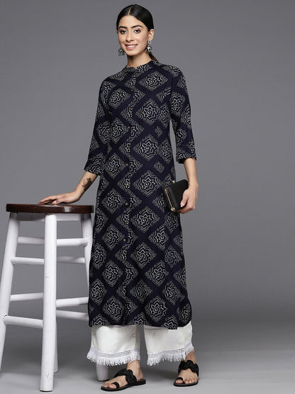 Women Kurta - Bollywood Indian Pakistani Festive Bandhani Printed Indigo Kurta