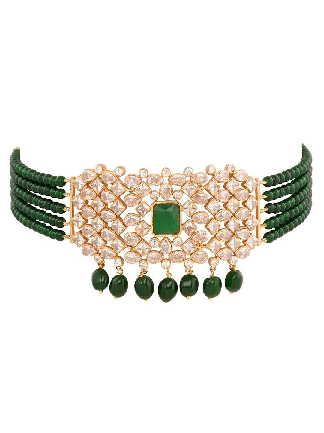 Gold-Plated White & Green American Diamond Studded Choker Indian Jewellery Set