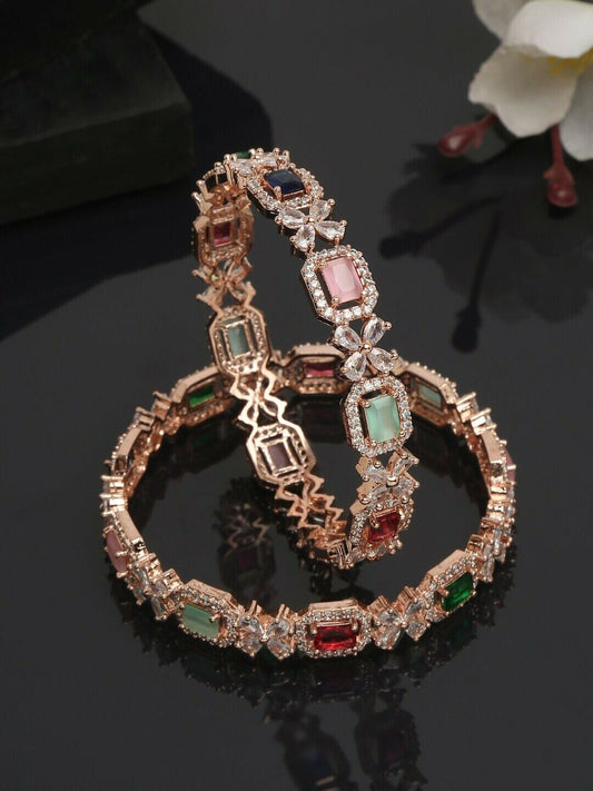 Bridal Rose Gold-Plated Stone Studded Bollywood Indian Bangles Set of 2