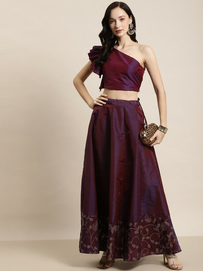 Women Skirt -Burgundy & Gold Paisely Foil Border Bollywood Bridal Anarkali Skirt