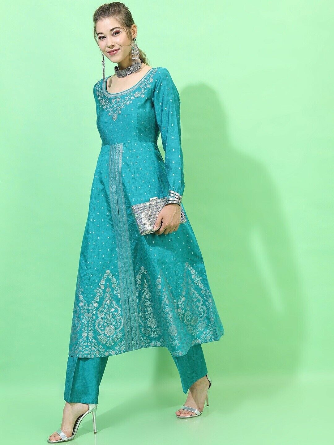 Women Kurta Set -Indian Traditional Diwali Teal High Slit Kurti with Trousers