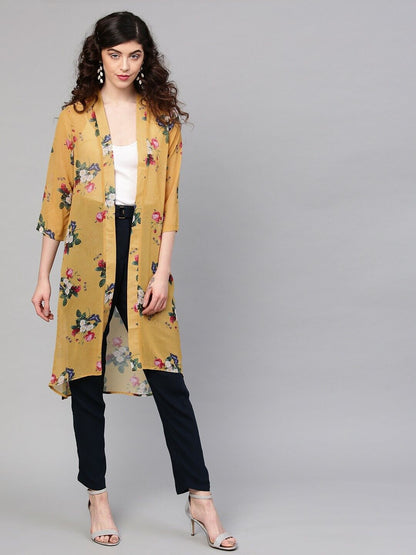 Women Shrug - Mustard Yellow & Pink Floral Print Open Front Bollywood Shrug