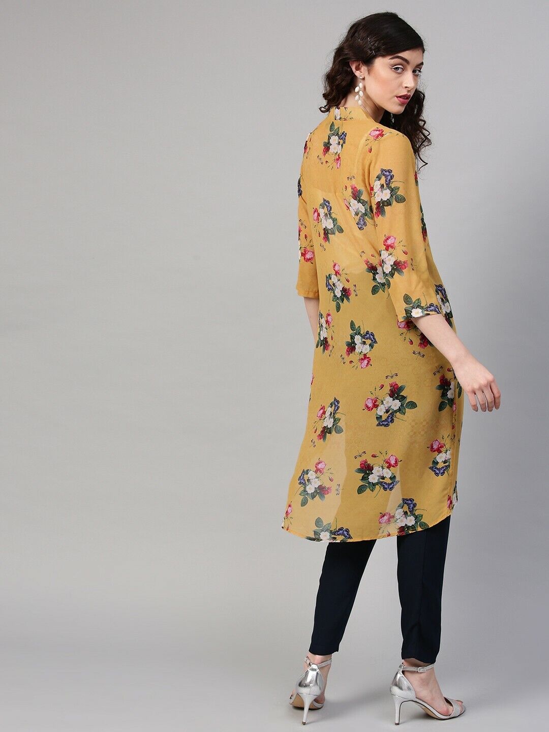 Women Shrug - Mustard Yellow & Pink Floral Print Open Front Bollywood Shrug