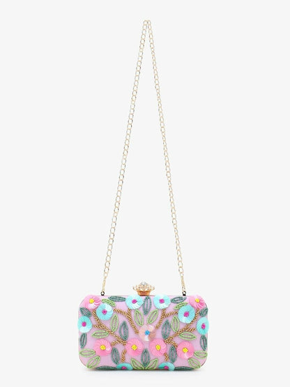 Women Clutches - Pink & Multicolored Floral Embellished Faux Silk Box Clutch