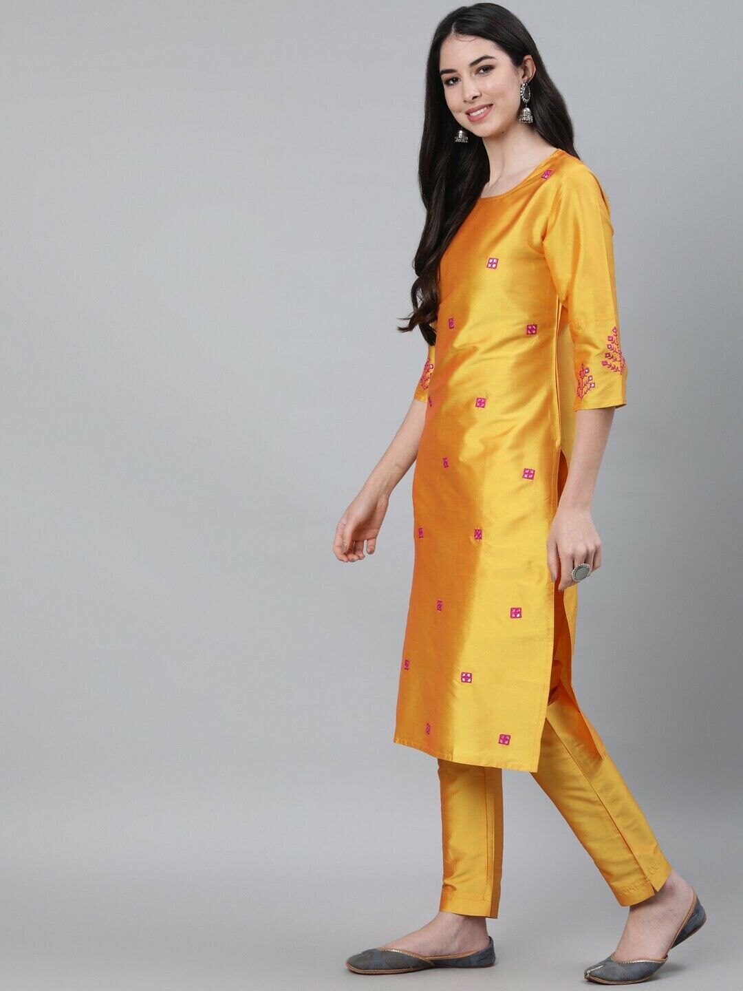 Women Kurta Set - Women Yellow Mirror Work Kurta with Trousers & With Dupatta