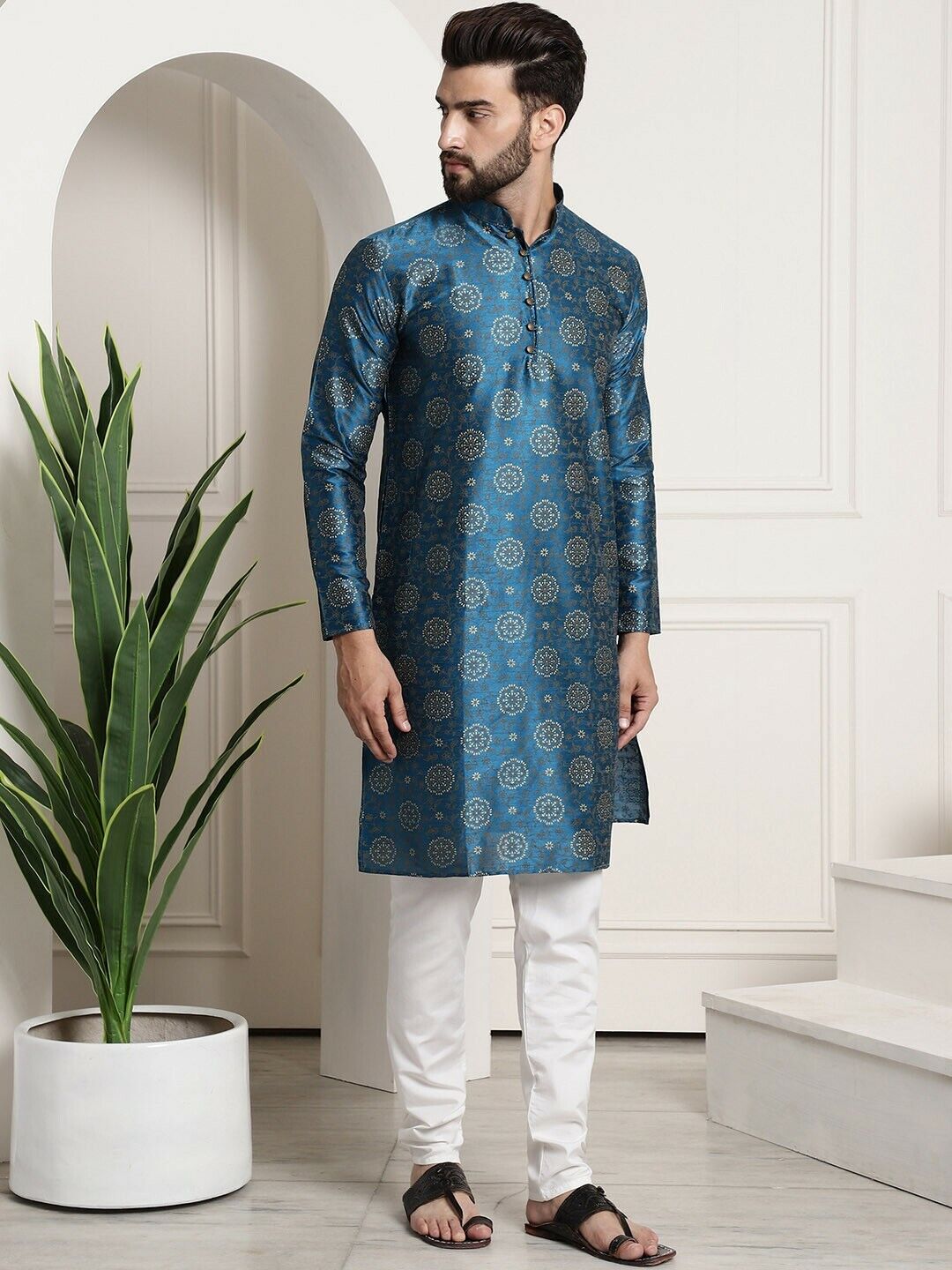 Men Kurta Set - Teal Blue & White Bridal Groomsmen Wedding Kurta with Churidar