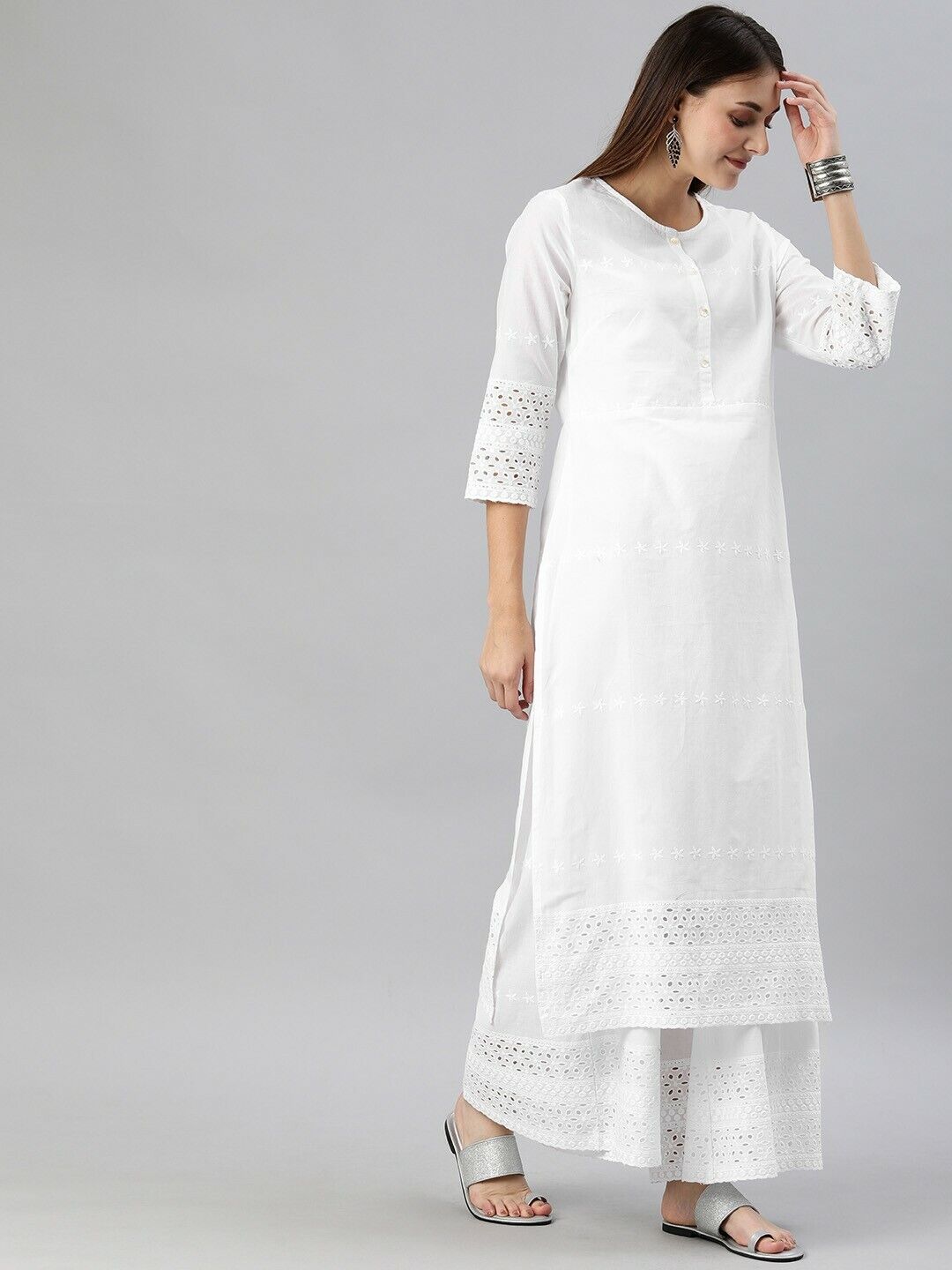 Women Kurta Set - White Embroidered Eid Diwali Bollywood Kurta with Palazzos