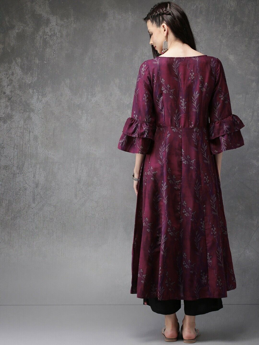 Women Kurta - Women Burgundy Floral Print A-Line Eid DIwali Bollywood Kurta