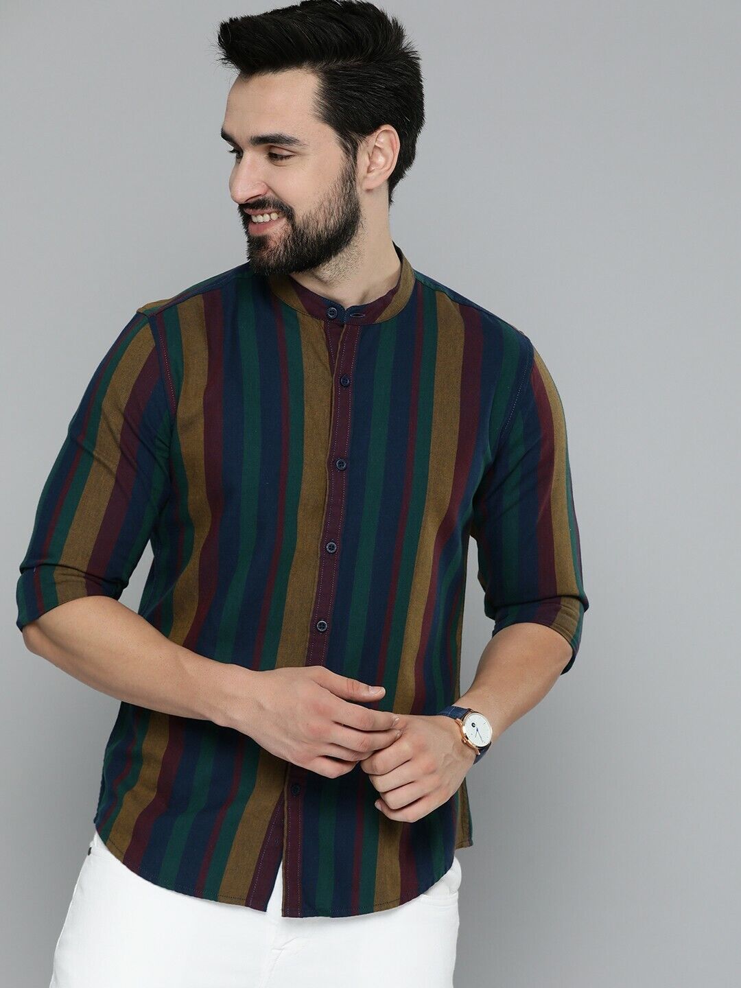 Men Shirt - Multicolor Slim Fit Opaque Stripe Casual Party Bollywood Style Shirt