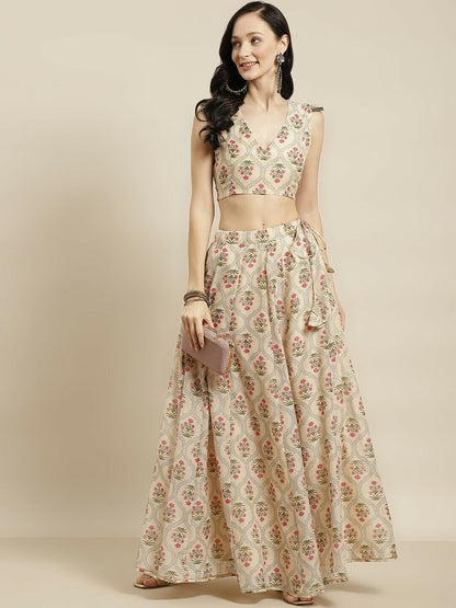 Women Lehenga - Wedding Indian Beige & Pink Printed Ready to Wear Lehenga