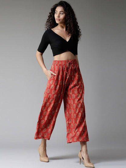 Women Trouser - Red & Beige Print Bollywood Baggy Gypsy Hippie Wide Leg Palazzos