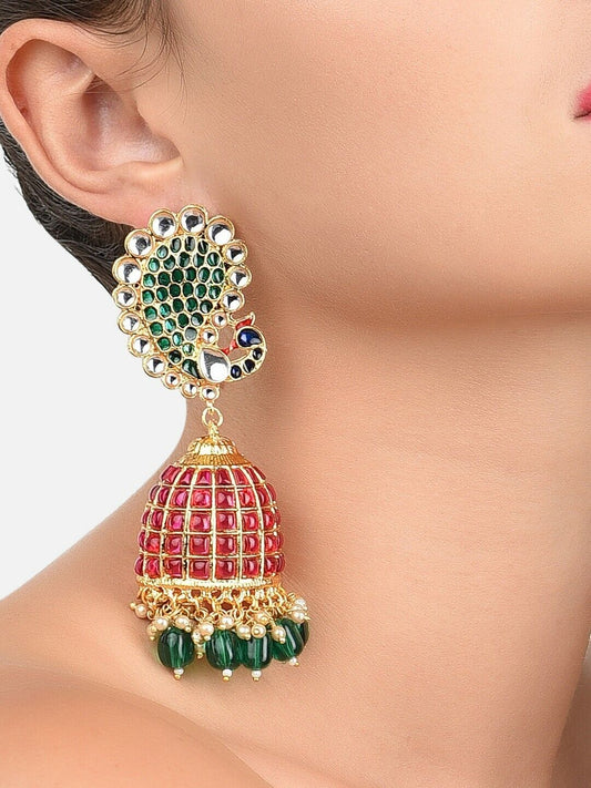 Green & Pink Meenakari Peacock Shaped Bollywood Indian Jewelry Jhumka Earrings