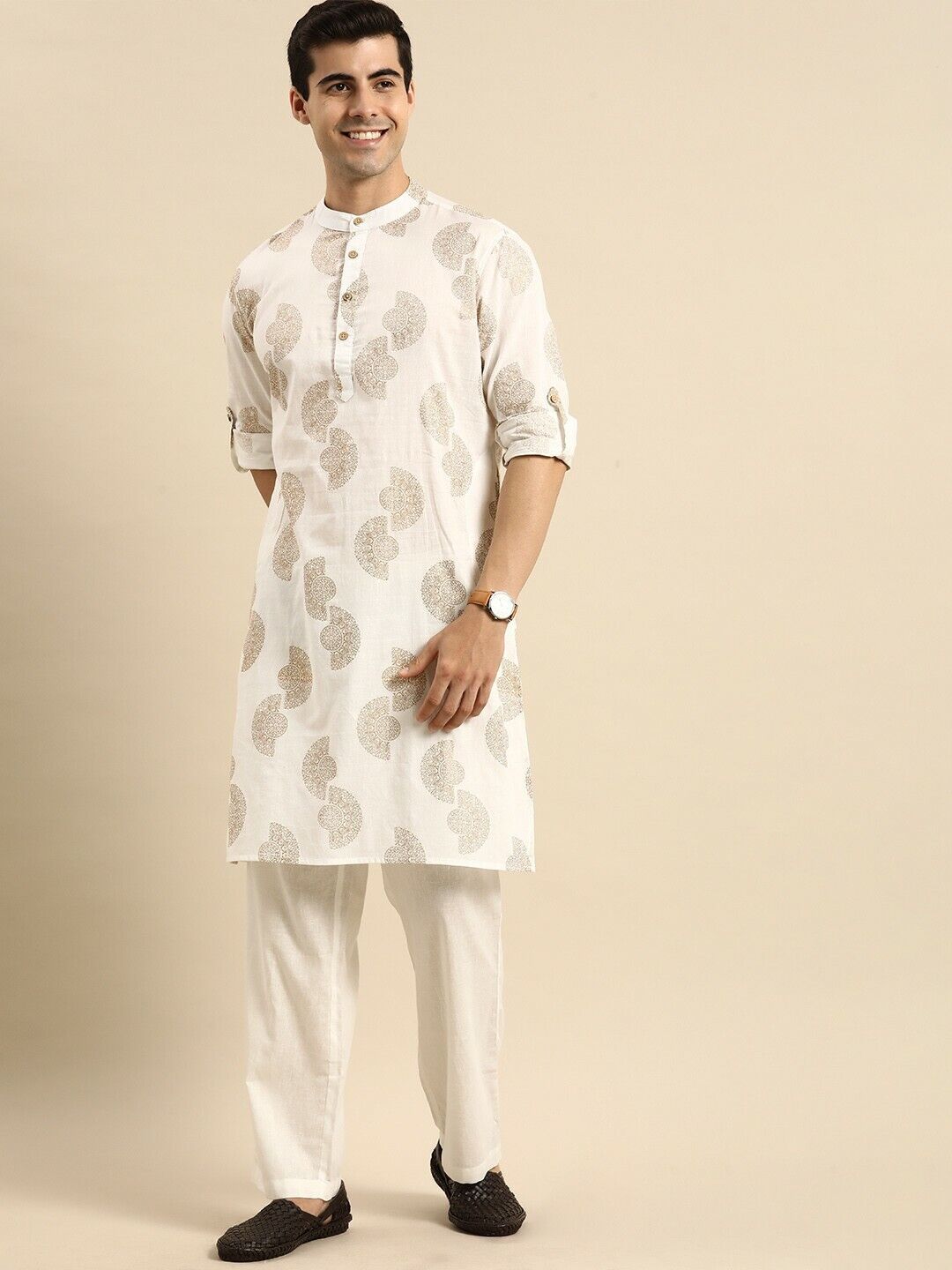 Mens Kurta Set - Off White Ethnic Motifs Printed Pure Cotton Kurta with Pyjamas