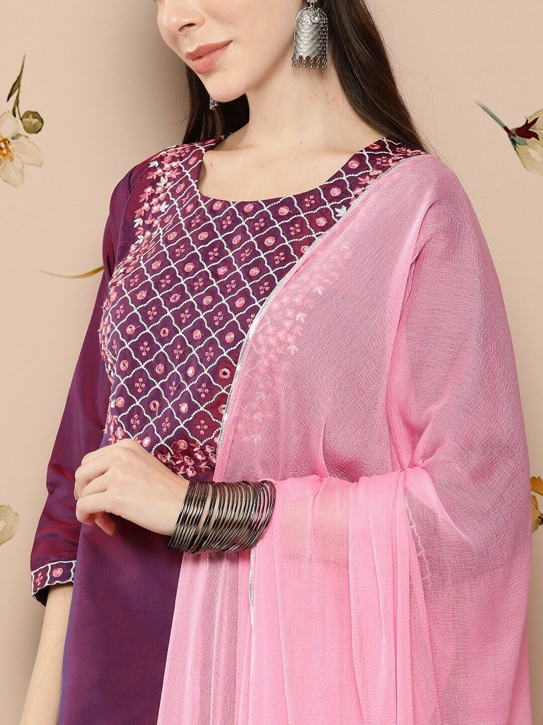 Women Kurta Set - Indian Diwali Purple embroidered Kurta with Trousers dupatta