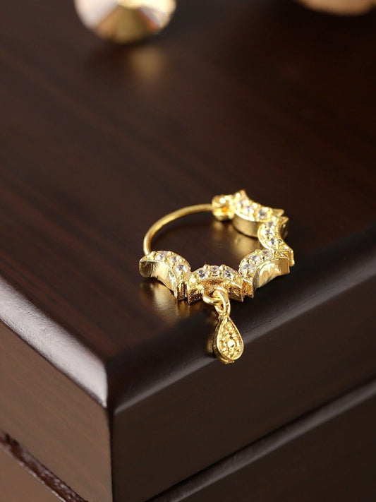 Gold-Plated American Diamond Studded Bollywood Indian Nath Nose Ring Pin