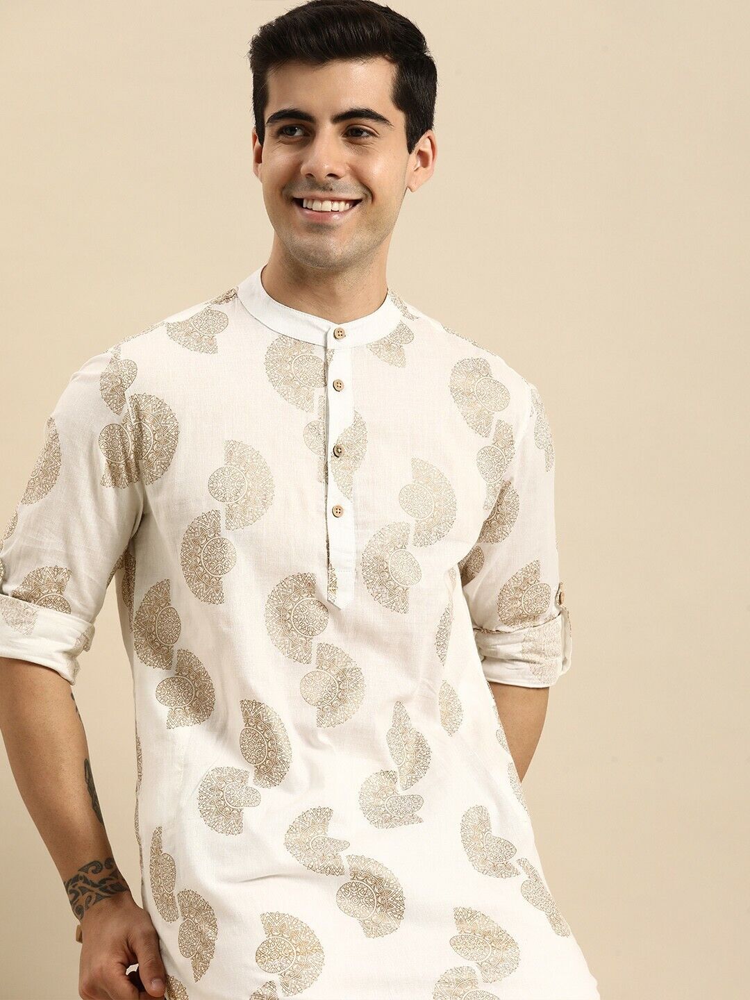 Mens Kurta Set - Off White Ethnic Motifs Printed Pure Cotton Kurta with Pyjamas