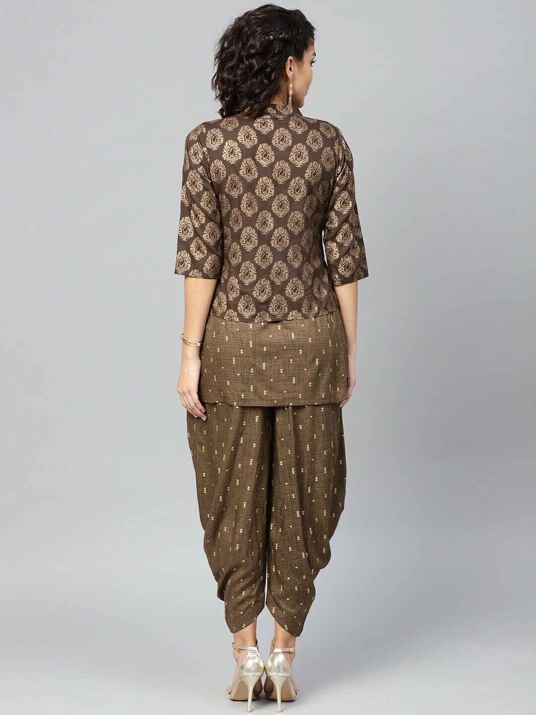 Women Kurta Set - Olive Brown & Golden Printed Kurti with Dhoti Pants & Jacket