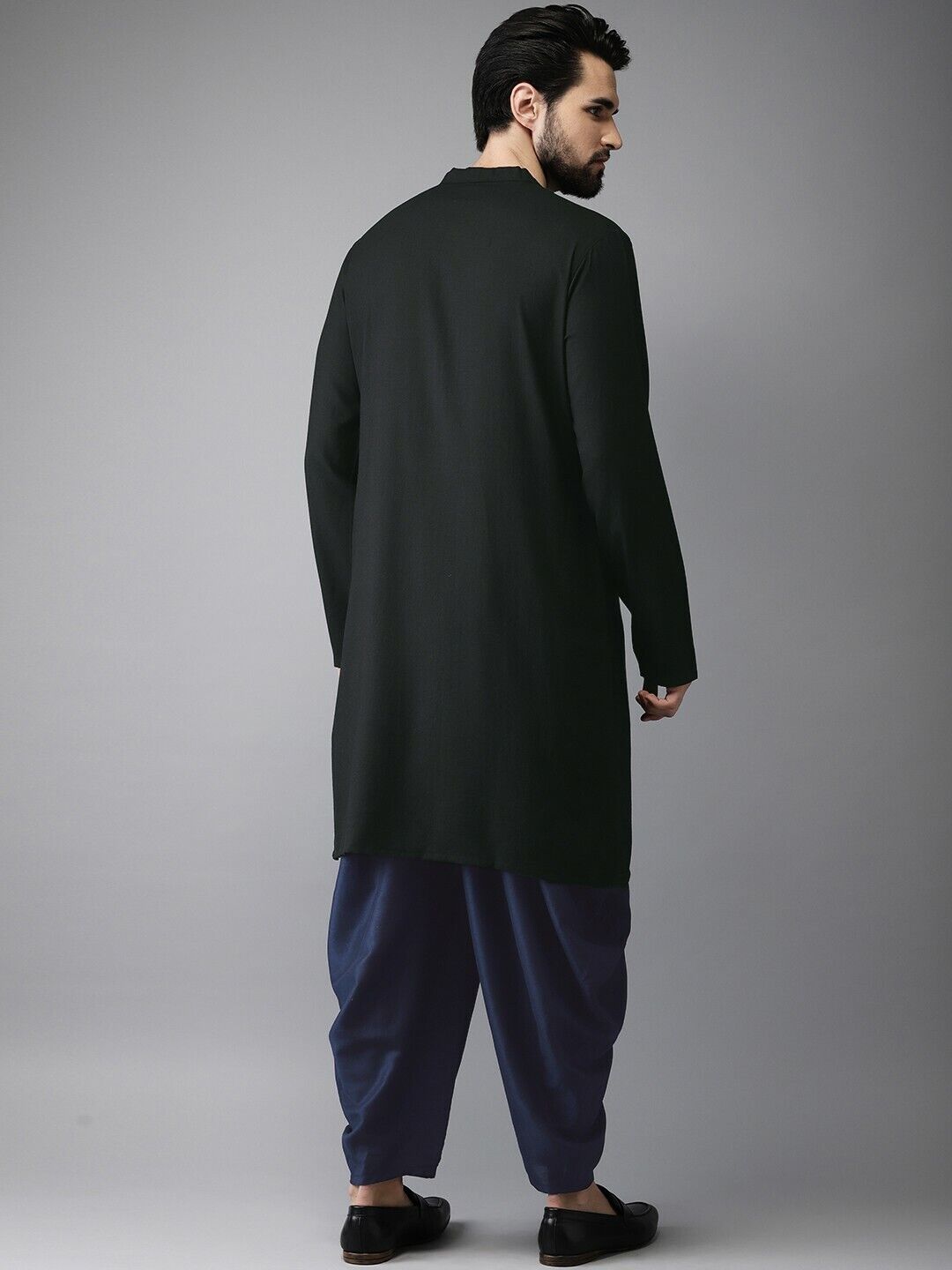 Men Kurta Set - Black & Navy Solid Layered Bollywood Eid Kurta with Dhoti Pants