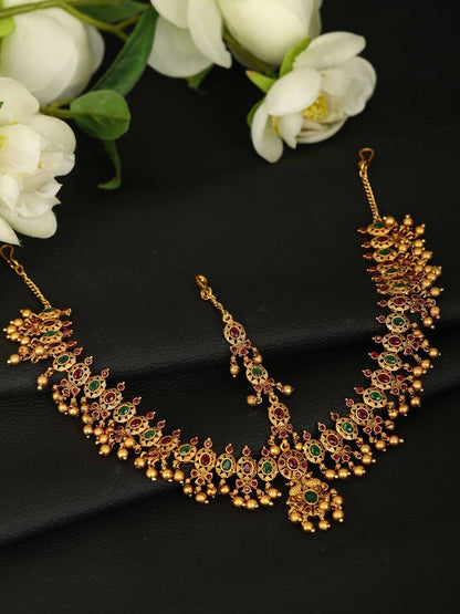 Pink & Green Gold-Plated Stone-Studded & Beaded Handcrafted Maatha Patti