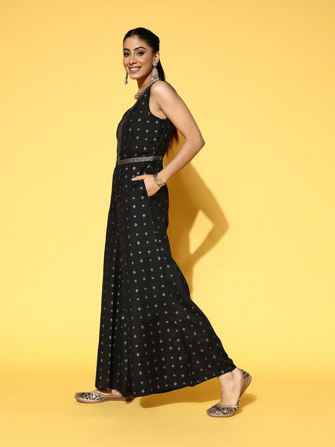 Women Jumpsuit - Black & Golden Ethnic Motifs Printed Flared Ethnic Jumpsuit