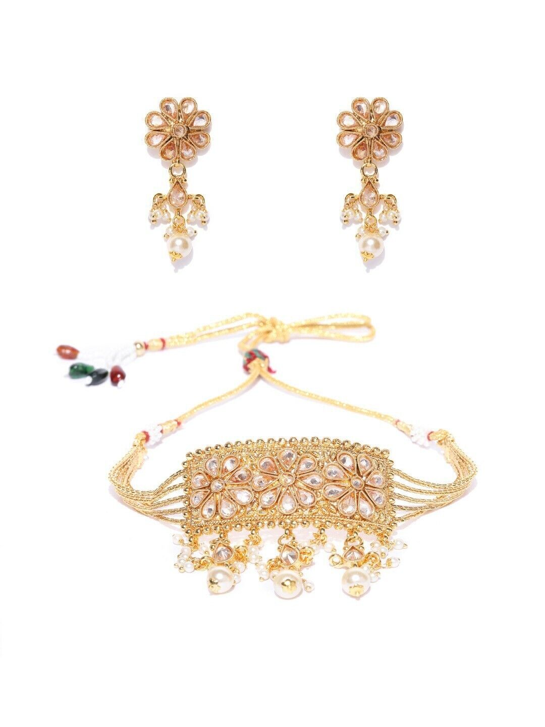 Indian Bridal Gold-Plated Stone-Studded Beaded Handcrafted Bolly Jewellery Set