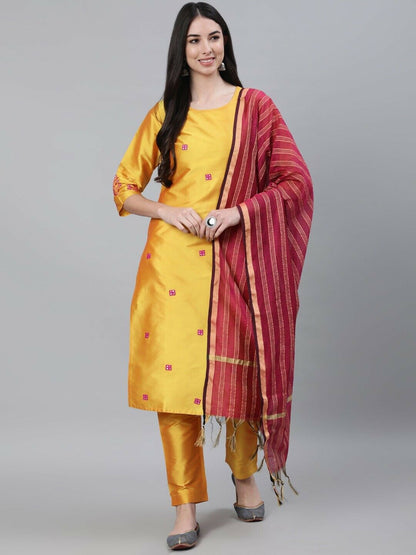 Women Kurta Set - Women Yellow Mirror Work Kurta with Trousers & With Dupatta